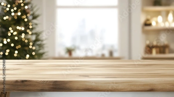 Fototapeta empty christmas table background with christmas tree out of focus for product display montage 