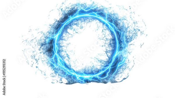 Fototapeta glowing electric green lightning round frame with plasma portal, isolated on a transparent background