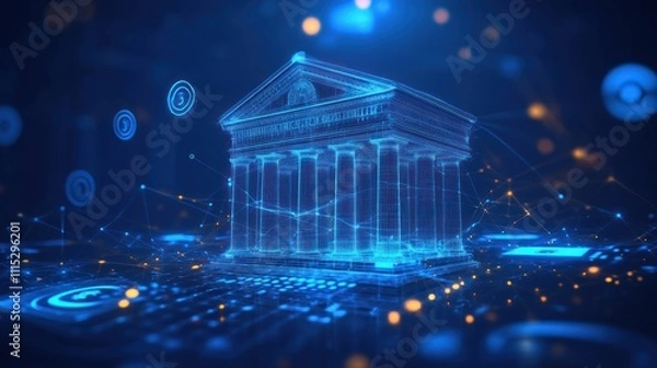 Fototapeta This bank icon has a blue background with circles and lines in a futuristic style