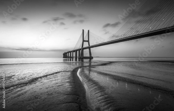 Obraz Vasco da Gama bridge at black and white, sunrise Lisbon