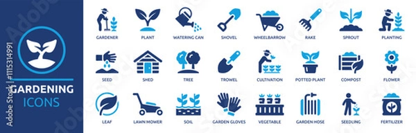 Fototapeta Gardening icon set. Containing plant, gardener, sprout, leaf, planting, seedling, shovel, watering can, rake, cultivation and more. Solid vector icons collection.