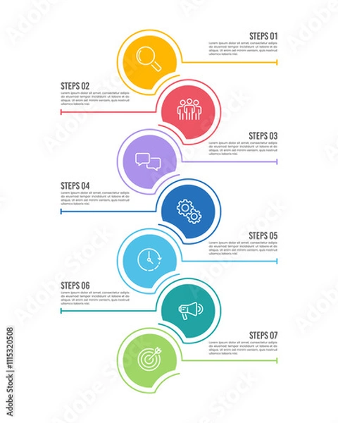 Fototapeta Vertical infographic with 7 colorful circles to success. Presentation, Banner, Brochure and Plan. Vector illustration.