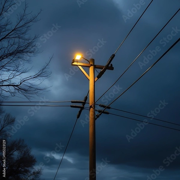 Obraz Landscape photograph featuring a wooden utility with wires and light on street, dark night with spart of utility lightbulb