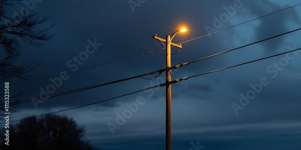 Obraz Landscape photograph featuring a wooden utility with wires and light on street, dark night with spart of utility lightbulb