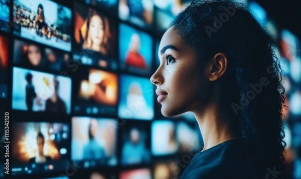 Fototapeta A person standing in front of a group of streaming screens, watching various videos being played, representing social media, platforms, internet, business, media, and the competitive dynamics of short