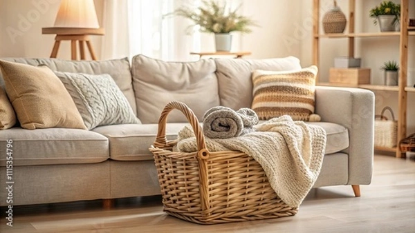 Fototapeta Cozy living room with a basket of knitted blankets on a couch, cozy, comfortable, home, interior, warm, relaxation, hygge