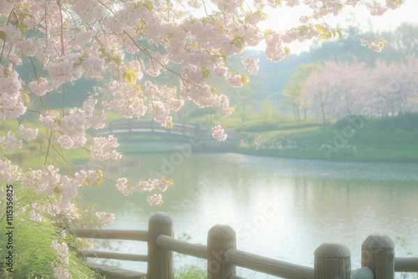 Obraz Delicate spring landscape with blooming cherry trees in a quiet park, sakura branches against the background of lake water