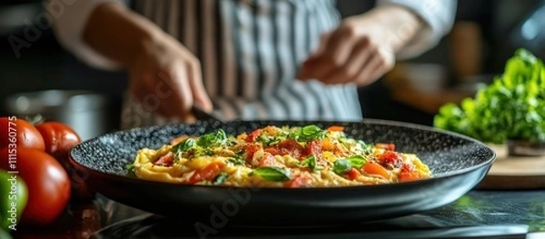 Fototapeta Close-up of scrambled eggs with tomatoes and basil in a black frying pan on a stovetop.