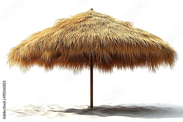 Fototapeta Dicut of the Straw beach umbrella isolated on white background with clipping path.Straw beach rattan parasol.
