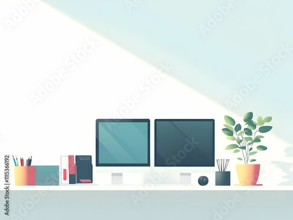 Fototapeta Flat Creative Digital Workspace with Dual Monitors and Graphic Tablet