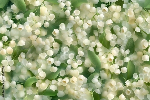 Obraz Serene Seamless Pattern of Tiny White Lily of the Valley Flowers with Lush Green Foliage