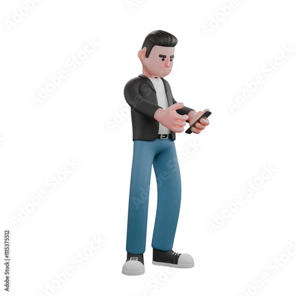 Fototapeta Cartoon Cameraman 3D Creative Artwork Design Model. A male cameraman standing holding a cellphone in his right hand while looking at it, and his left hand as if he wants to operate it. Illustration
