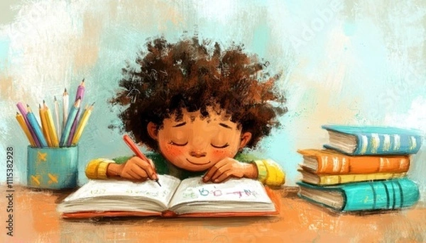 Fototapeta A child happily writing in a book, surrounded by colorful stationery.