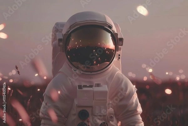 Obraz Astronaut in a Field Surrounded by Flowers in Cartoon Style