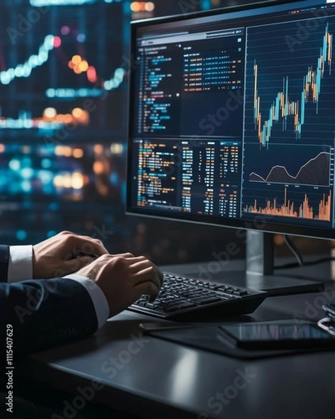Fototapeta A businessman analyzing digital stock market data on a computer at night, showcasing financial trends and graphs.