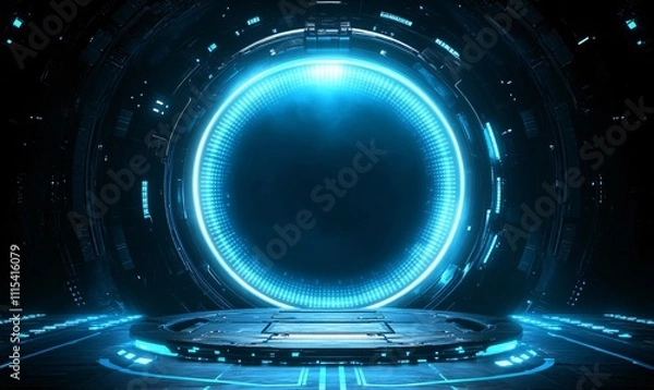 Fototapeta A futuristic blue sci-fi product podium, designed to highlight cutting-edge products in e-commerce. The sleek, modern display platform is perfect for showcasing innovations in digital retail with a cl