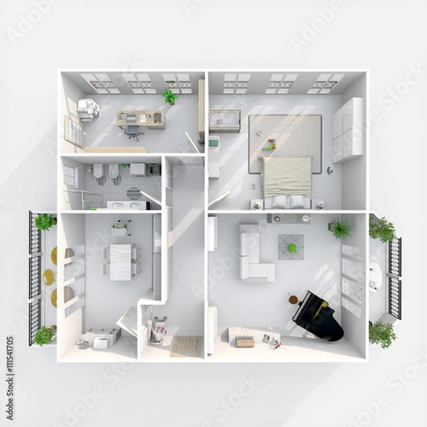 Obraz 3d interior rendering plan view of furnished home apartment with two balconies: room, bathroom, bedroom, kitchen, living-room, hall, entrance, door, window