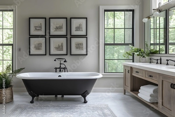 Fototapeta Elegant Bathroom with Vintage Clawfoot Tub, Framed Art, and Natural Light: A Serene and Stylish Space Featuring a Black and White Bathtub, Rustic Wooden Vanity and Indoor Plant.