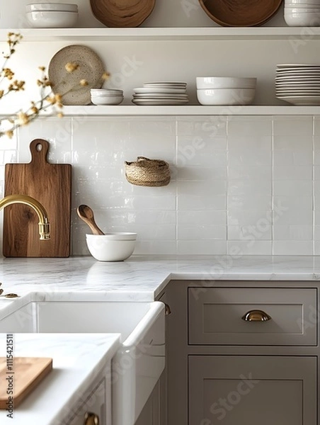 Fototapeta Elegant Farmhouse Kitchen Sink with Brass Faucet and Open Shelving Featuring White Dishware and Wooden Cutting Boards Against a Subway Tile Backsplash.