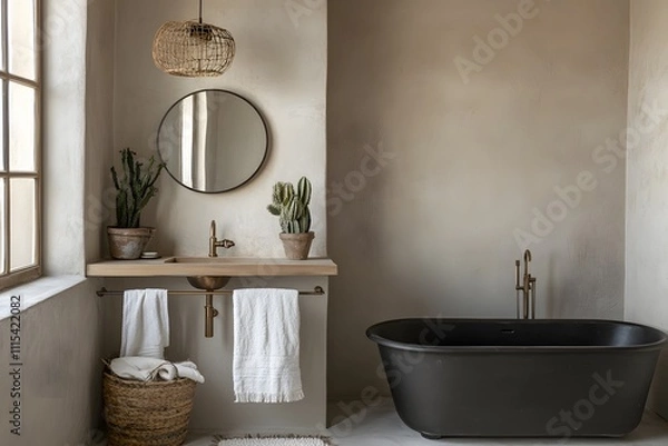 Fototapeta Modern Minimalist Bathroom with Black Freestanding Tub, Round Mirror, and Indoor Plants for a Stylish and Serene Space.