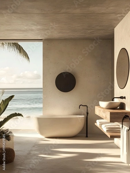 Fototapeta Luxurious Beachfront Bathroom with Modern Design. Featuring a Freestanding Tub, Large Mirror, and Stunning Ocean View Through Floor-to-Ceiling Windows, Perfect for Relaxation and Serenity.