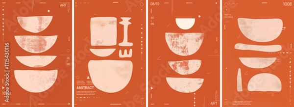 Fototapeta The posters feature abstract shapes and smooth forms in white on top of orange backgrounds, creating a modern aesthetic. The shapes are made from brushstrokes that give them texture.