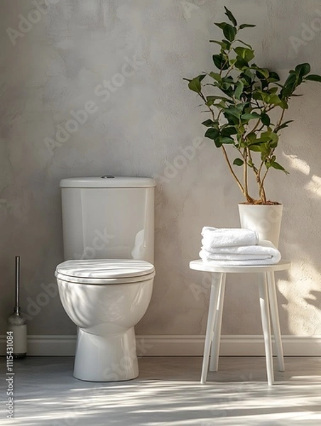 Fototapeta Modern Minimalist Bathroom Design Featuring a White Toilet, Wooden Side Table with Folded Towels, and Decorative Greenery in a White Vase Against a Textured Concrete Wall.