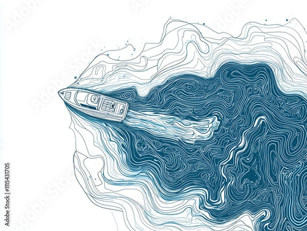 Fototapeta Abstract illustration of a boat navigating through intricate wave patterns.
