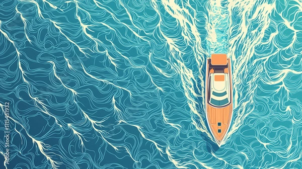Fototapeta Top view of a boat on abstract turquoise water with flowing wave patterns.