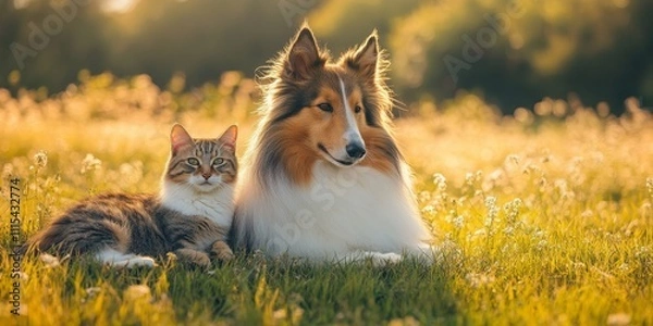 Fototapeta Collie dog and cat explore a sunny summer field together, showcasing their companionship and the joy of friendship in nature. The collie dog and cat enjoy their time in the vibrant summer field.