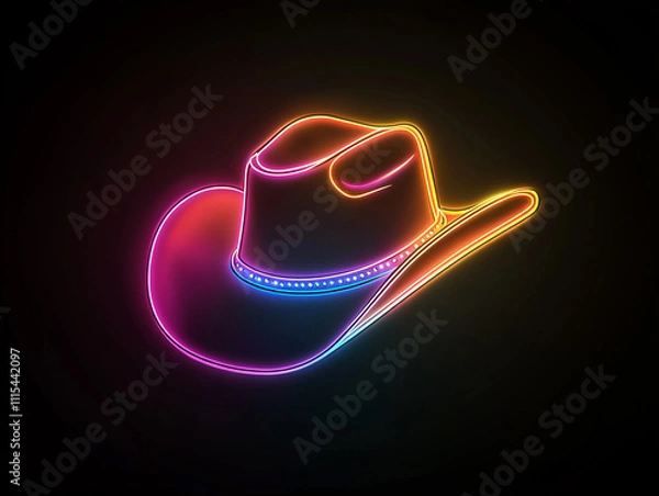Obraz Illuminated Neon Cowboy Hat Vector Logo on Black Background