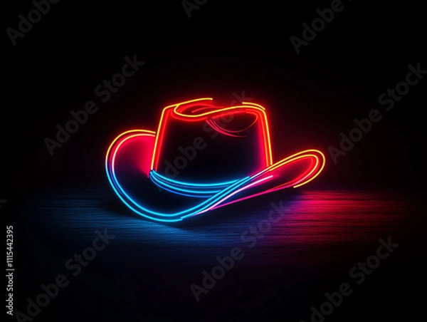 Obraz Illuminated Neon Cowboy Hat Vector Logo on Black Background