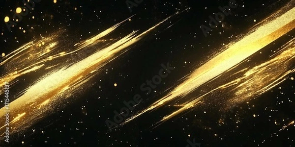 Obraz 黒背景にかすれた金色の斜めの筆跡風の線と粒子。ダーク和風抽象横長バナー