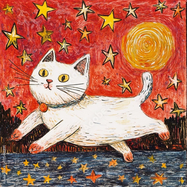 Obraz White Cat Running Under Pink Sky with Golden Stars in Children's Illustration Style