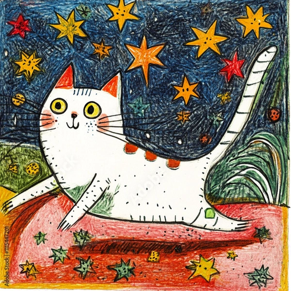 Obraz White Cat Running Under Pink Sky with Golden Stars in Children's Illustration Style