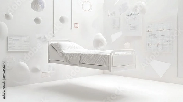 Fototapeta A sterile, white hospital room with a single bed floating in the air, surrounded by floating abstract shapes and medical charts, representing the isolation and fear tied to anxiety in healthcare.