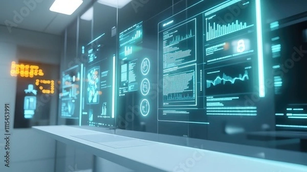 Fototapeta A clean, high-tech public health command center where floating holographic data displays track disease prevention programs, vaccination coverage, and sanitation efforts