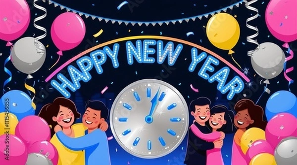 Obraz A vibrant and colorful digital illustration depicting a joyful New Year's Eve celebration, featuring confetti, balloons, and streamers in shades of bright pink, yellow, blue, and silver