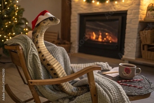 Fototapeta snake wearing a Santa hat, relaxing in a rocking chair by the fireplace while enjoying hot chocolate. Perfect blend of comfort, holiday spirit, and whimsical charm