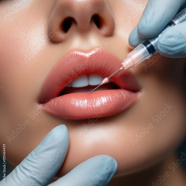Obraz Close up of woman receiving botox injection in lips