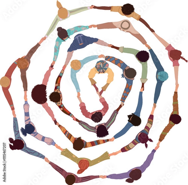 Fototapeta Chain of group of isolated people in a circle from divers cultures holding hands. Cooperation and teamwork.Community of friends or volunteers. Partnership. Multiethnic people. Top view