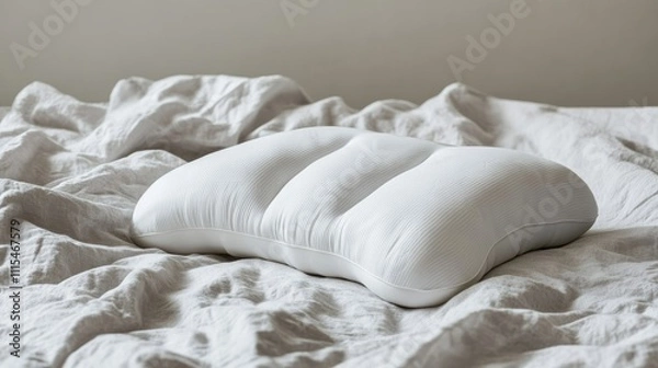 Obraz Panoramic memory foam pillow highlighting the discomfort experienced by a bony neck surrounded by crumpled sheets. The memory foam pillow creates a scene of relaxation with ample copy space.