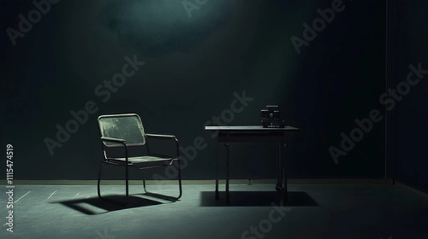 Fototapeta Empty room with a chair and table set up for an interrogation at night