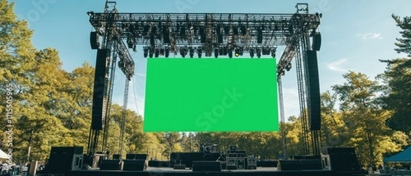 Fototapeta Outdoor concert rigging stage with green blank screen with sound system and lighting beams hanging, background wallpaper AI generated image