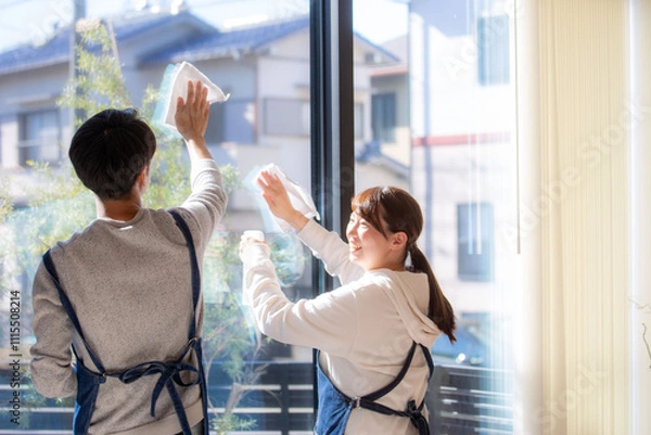 Obraz ガラス掃除をする日本人カップルの後ろ姿