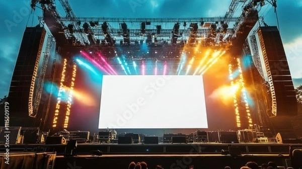 Obraz Outdoor concert stage rigging, blank white screen ready for visuals, and sound system, lighting spotlights emit colorful rays background AI generated image