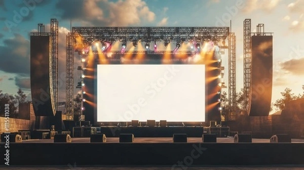 Fototapeta Outdoor concert stage rigging, blank white screen ready for visuals, and sound system, lighting spotlights emit colorful rays background AI generated image