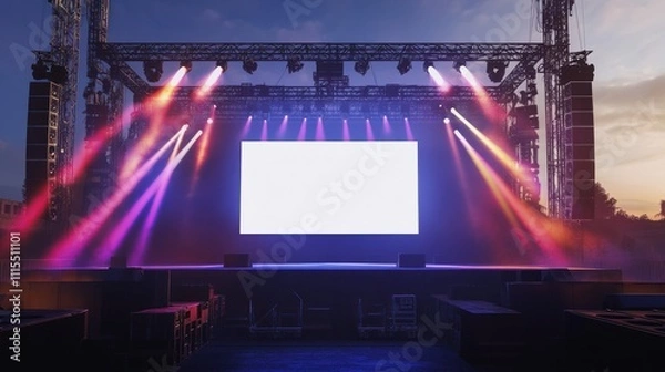 Fototapeta Outdoor concert stage rigging, blank white screen ready for visuals, and sound system, lighting spotlights emit colorful rays background AI generated image