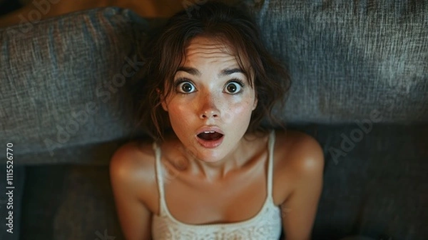 Fototapeta Close-up of a young woman indoors with a surprised and frightened expression, capturing emotions of shock and fear in a modern setting.