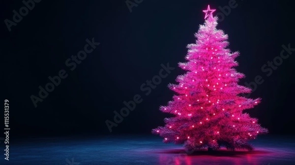 Fototapeta Neon pink Christmas tree with vibrant lights, isolated on dark background, playful and modern, festive and joyful, holiday decoration concept